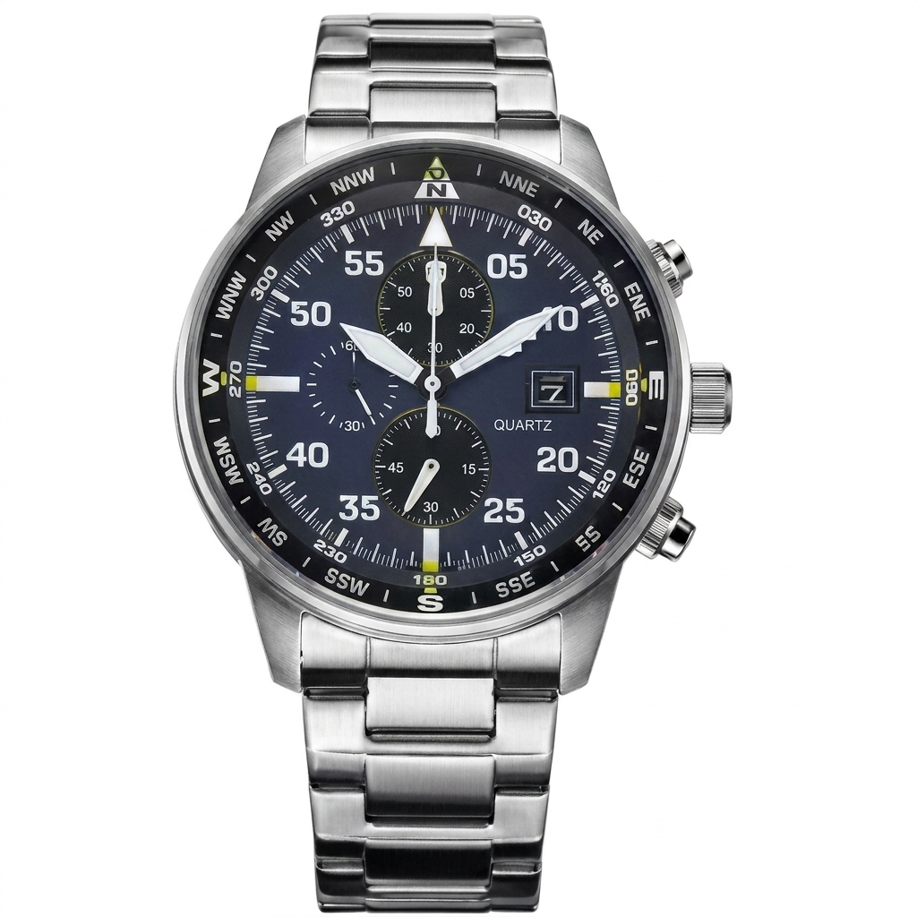 Chronographe pilote en acier inoxydable argenté