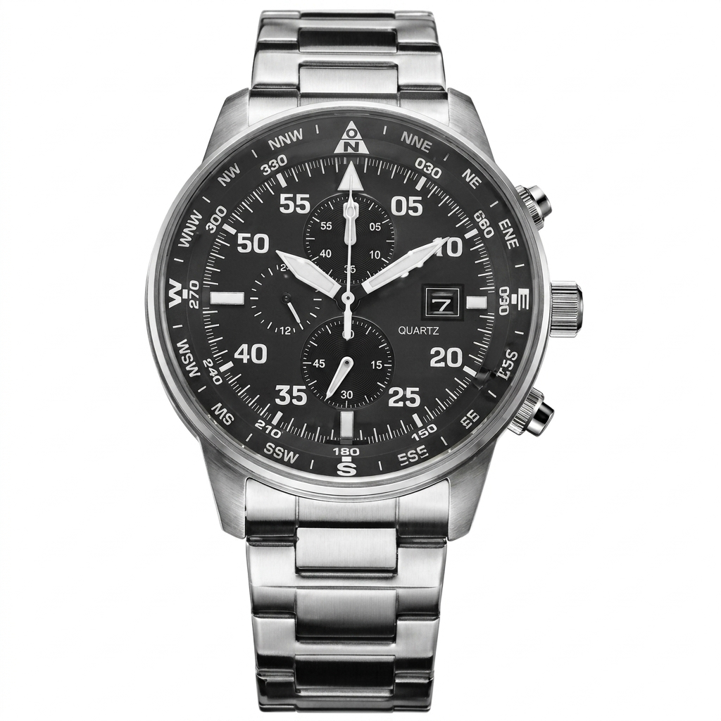 Chronographe pilote en acier inoxydable noir