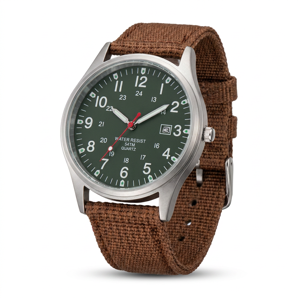 Montre-bracelet avec bracelet en tissu vert olive