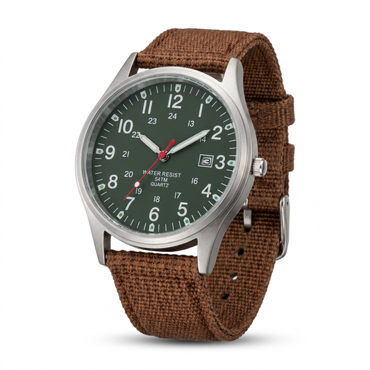 Montre-bracelet avec bracelet en tissu vert olive