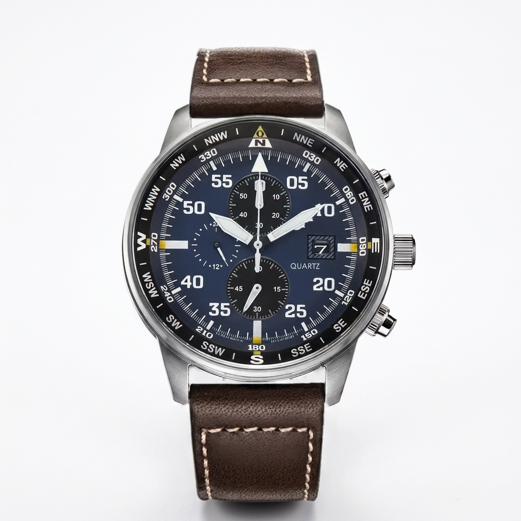 Chronographe pilote avec bracelet en cuir marron