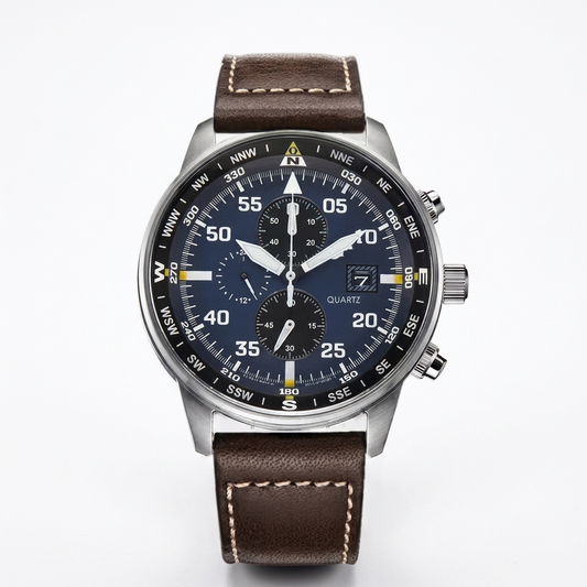 Chronographe pilote avec bracelet en cuir marron