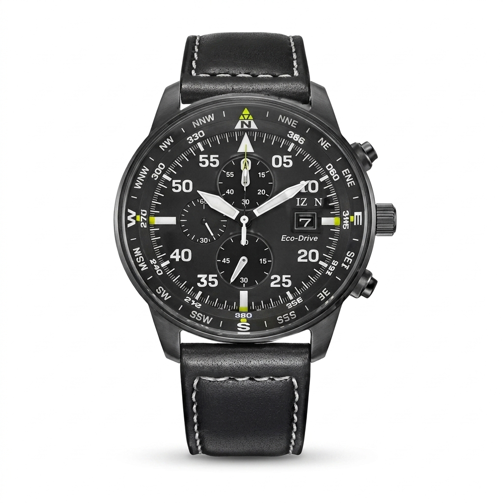 Chronographe pilote avec bracelet en cuir noir