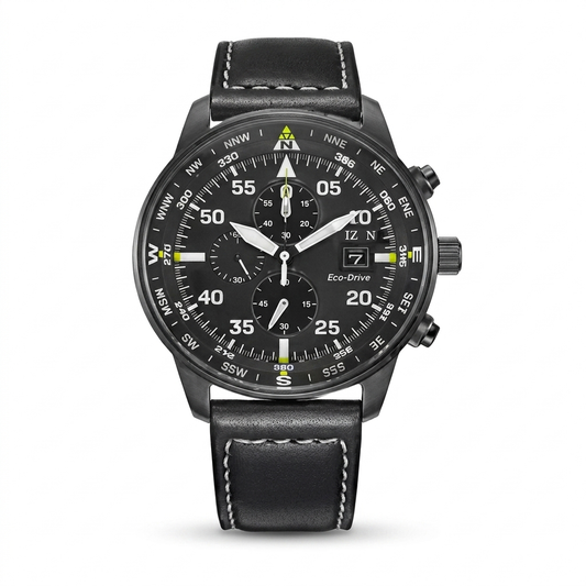 Chronographe pilote avec bracelet en cuir noir
